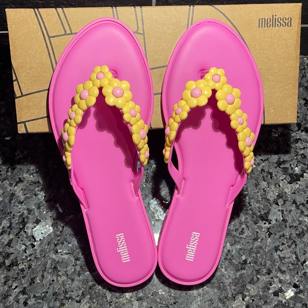 MELISSA Pink and Yellow Floral Flip Flop - Size 9 - NWT